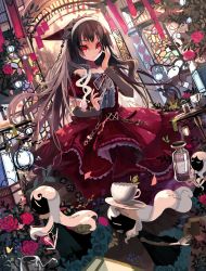 Rule 34 | 1girl, absurdres, bad id, bad pixiv id, black hair, cup, detached sleeves, dress, flower, hairband, highres, long hair, looking at viewer, namae mayoichuu, original, parted lips, red eyes, rose, saucer, solo, teacup, watering can