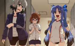Rule 34 | 3girls, :d, bad id, bad twitter id, bike shorts, black buruma, black shorts, black skirt, blue eyes, blue hair, blue jacket, blue ribbon, brown hair, buruma, closed mouth, commentary, lord dearche, dress shirt, frown, glasses, green eyes, grey hair, gym shirt, hair ribbon, hands on own hips, highres, indoors, jacket, levi the slasher, locker, locker room, long hair, long sleeves, looking at another, looking back, lyrical nanoha, mahou shoujo lyrical nanoha innocent, miniskirt, multiple girls, open clothes, open jacket, open mouth, parted bangs, pleated skirt, purple eyes, raglan sleeves, red-framed eyewear, ribbon, shikei, shirt, short hair, short sleeves, shorts, skirt, smile, standing, stern the destructor, track jacket, triple vertical stripe, twintails, undressing, untucked shirt, white shirt, wing collar