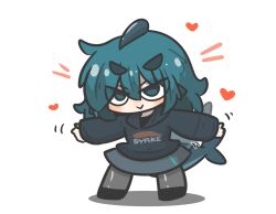 Rule 34 | 1girl, :&gt;, afterimage, black footwear, black hoodie, blue eyes, blue hair, blush, chibi, closed mouth, commentary, english commentary, fins, fish tail, fuka-chan, full body, grey pantyhose, grey skirt, heart, highres, hood, hood down, hoodie, long sleeves, looking at viewer, mixed-language commentary, original, outstretched arms, pantyhose, puffy long sleeves, puffy sleeves, shadow, shark tail, shoes, short eyebrows, simple background, skirt, sleeves past wrists, solo, spread arms, tail, tail wagging, thick eyebrows, uni souchou, v-shaped eyebrows, white background