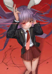 Rule 34 | 1girl, absurdres, animal ears, crescent, crescent pin, henginnnnnn, highres, jacket, long hair, long sleeves, necktie, pleated skirt, purple hair, rabbit ears, red background, red eyes, red necktie, reisen udongein inaba, shirt, skirt, solo, touhou, very long hair