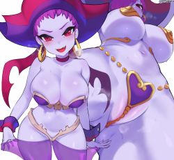 Rule 34 | 1girl, bare shoulders, blue skin, blush, bone panties, breasts, choker, cleavage, cleft of venus, colored skin, earrings, hat, hoop earrings, jewelry, jtveemo, large breasts, looking at viewer, navel, necklace, open mouth, pirate hat, presenting, purple hair, purple skin, purple theme, purple thighhighs, red eyes, red hat, risky boots, shantae (series), short hair, simple background, smile, solo, sweat, thighhighs, thighs, white background