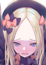 Rule 34 | 1girl, abigail williams (fate), black bow, black hat, blonde hair, blue eyes, blush, bow, eyebrows, eyelashes, fate/grand order, fate (series), forehead, hair bow, hat, long sleeves, looking at viewer, multiple hair bows, open mouth, orange bow, polka dot, polka dot bow, solo, ursica, white background