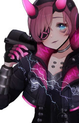 Rule 34 | 1girl, absurdres, animification, apex legends, black bodysuit, black headwear, black jacket, bodysuit, breasts, cleavage, cyber punked wattson, cyberpunk, electricity, eyepatch, fang, head tilt, highres, horns, jacket, kanna yuzu, official alternate costume, one eye covered, open hand, parted lips, pink hair, skin fang, smile, solo, upper body, wattson (apex legends)