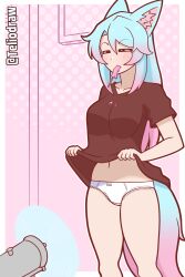 Rule 34 | 1girl, animal ears, blush, breasts, closed eyes, clothes lift, dress, dress lift, eating, fan, food, highres, indie virtual youtuber, large breasts, multicolored hair, panties, popsicle, silvervale, solo, tagme, tail, teliodraw, underwear, virtual youtuber