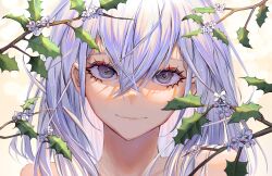 Rule 34 | 1girl, absurdres, branch, closed mouth, commentary, crossed bangs, dated commentary, english commentary, eyelashes, flower, grey eyes, grey hair, gweni, hair between eyes, highres, leaf, light smile, looking at viewer, medium hair, original, portrait, solo, white flower