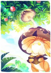 Rule 34 | apple, artist name, blue sky, border, branch, cliff, cloud, commentary request, day, food, fruit, fungi (genshin impact), genshin impact, grounded geoshroom (genshin impact), highres, kaminaga mutsumi, leaf, light rays, mountain, no humans, on head, outdoors, palm tree, plant, signature, sky, sparkle, standing, sunlight, sweatdrop, tree, white border, yellow eyes
