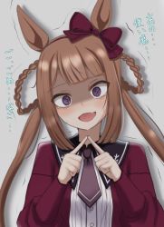 Rule 34 | 1girl, @ @, alternate costume, animal ears, casual, commentary request, fang, fidgeting, grey background, hair ornament, hair rings, horse ears, horse girl, long hair, purple eyes, scared, shaded face, skin fang, solo, sweep tosho (umamusume), tofu thunder, translated, umamusume