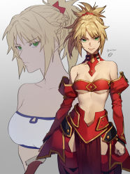 Rule 34 | 1girl, banababa, bare shoulders, blonde hair, braid, breasts, fate/apocrypha, fate/grand order, fate (series), green eyes, hair ornament, hair scrunchie, looking at viewer, medium hair, mordred (fate), mordred (fate/apocrypha), mordred (memories at trifas) (fate), ponytail, red scrunchie, scrunchie, smile, solo, sword, weapon, white background