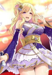 Rule 34 | 1girl, :d, alternate costume, bar censor, bare shoulders, blonde hair, blurry, blurry background, blush, breasts, censored, commentary request, cowboy shot, detached sleeves, flower, flower request, from below, hair flower, hair ornament, hand up, highres, holding, holding microphone, idolmaster, idolmaster cinderella girls, japanese clothes, kimono, large breasts, long hair, long sleeves, looking at viewer, medium breasts, microphone, mk (mod0), no panties, obi, ohtsuki yui, open mouth, purple eyes, purple kimono, rose, sash, smile, solo, sparkle, star (symbol), teeth, underwear, upper teeth only, v, white flower, wide sleeves