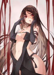 Rule 34 | 1girl, absurdres, bare shoulders, black dress, black gloves, blood, blood from mouth, breasts, brown hair, center opening, choker, collarbone, dress, elbow gloves, fate/grand order, fate (series), gloves, hands on own cheeks, hands on own face, highres, hip focus, koki 1009, long hair, looking at viewer, medium breasts, navel, red eyes, revealing clothes, solo, very long hair, yu mei-ren (fate)