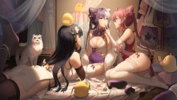 Rule 34 | &gt; &lt;, 3girls, absurdres, animal, animal on head, anklet, ass, azur lane, bird, bird hair ornament, bird on head, black hair, blue eyes, boots, bottle, box, breasts, bridal gauntlets, brown legwear, cat, chao ho (azur lane), cleavage, cosmetics, detached sleeves, double bun, dress, feather boa, feet, garter straps, hair between eyes, hair bun, hair intakes, hair ornament, hair ribbon, hair rings, hairband, haneru, highres, holding, holding lipstick tube, indoors, jewelry, large breasts, light particles, lipstick tube, long hair, long sleeves, looking at another, lying, manjuu (azur lane), multicolored hair, multiple girls, no shoes, on head, on stomach, panties, panty straps, parted lips, pink eyes, pink ribbon, purple dress, purple hair, purple hairband, purple ribbon, red dress, red hair, red hairband, red ribbon, ribbon, shoes, unworn shoes, side-tie panties, sitting, skindentation, split-color hair, the pose, thigh boots, thighhighs, thighs, twintails, two-tone hair, underwear, white dress, white hair, white legwear, yat sen (azur lane), ying swei (azur lane)