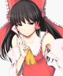 Rule 34 | 1girl, ascot, between fingers, black eyes, black hair, bow, breasts, close-up, collarbone, detached sleeves, frilled bow, frilled shirt collar, frills, grey background, hair bow, hair tubes, hakurei reimu, highres, holding, long hair, looking at viewer, nanahi toshi, red shirt, ribbon-trimmed sleeves, ribbon trim, sarashi, serious, shirt, simple background, sleeveless, sleeveless shirt, small breasts, solo, talisman, touhou, upper body, wide sleeves