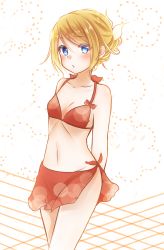Rule 34 | 1girl, absurdres, arms behind back, bikini, blonde hair, blue eyes, blush, bow, breasts, cleavage, collarbone, groin, hair bow, highres, kagamine rin, looking at viewer, navel, petals, ponta (poqpon), red bikini, red bow, short hair, small breasts, solo, standing, swept bangs, swimsuit, vocaloid, white bow