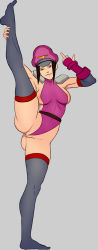 Rule 34 | 1girl, artist request, ass, black hair, breasts, capcom, cosplay, curvy, female focus, han juri, hat, highleg, highres, legs up, leotard, looking at viewer, m. bison, m bison (cosplay), middle finger, no bra, partially visible vulva, short hair, simple background, solo, standing, street fighter, thong leotard