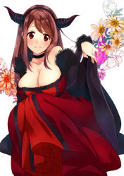 10s 1girl breasts brown_hair cleavage dress flower fur_trim horns kashiwagi_kano large_breasts looking_at_viewer maou_(maoyuu) maoyuu_maou_yuusha red_eyes smile