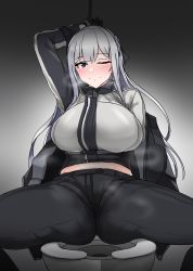 Rule 34 | 1girl, ak-12 (girls&#039; frontline), arm behind head, blush, braid, breasts, commentary request, french braid, girls&#039; frontline, gradient background, grey background, highres, korean commentary, large breasts, long hair, looking at viewer, midriff, one eye closed, pants, purple eyes, sidelocks, silver hair, sitting, spread legs, sweat, tactical clothes, toilet, yellowseeds