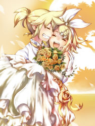 Rule 34 | 1boy, 1girl, bad id, bad pixiv id, blonde hair, bouquet, bride, brother and sister, carrying, dress, elbow gloves, fang, flower, fujimaru jiji, gloves, grin, hair ornament, hair ribbon, hairclip, holding, kagamine len, kagamine rin, princess carry, ribbon, rose, short hair, siblings, smile, twins, vocaloid, wedding, wedding dress, zizi