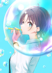 Rule 34 | 1girl, absurdres, asakura toru, blowing bubbles, blue background, blue eyes, blue nails, bracelet, brown hair, bubble, bubble pipe, hair ornament, hairclip, highres, idolmaster, idolmaster shiny colors, jewelry, necktie, shirt, sho (sumika), short hair, simple background, soap bubbles, solo, upper body, white shirt