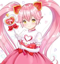 Rule 34 | #compass, 1girl, blush, bow, commentary request, cowboy shot, dress, elbow gloves, gloves, hair ornament, head tilt, heart, heart background, heart hair ornament, highres, holding, holding staff, long hair, looking at viewer, nyanyanoruru, pink dress, pink hair, polka dot, polka dot bow, puffy short sleeves, puffy sleeves, ririka (#compass), short hair with long locks, short sleeves, simple background, smile, solo, staff, standing, twintails, two-tone dress, very long hair, white background, white dress, white gloves, yellow eyes