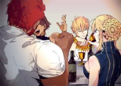 Rule 34 | 1girl, 3boys, ahoge, artoria pendragon (all), artoria pendragon (fate), artoria pendragon (lancer) (fate), bare shoulders, beard, black shirt, blonde hair, blouse, blue eyes, blue shirt, blurry, bottle, braid, braided bun, breasts, brown hair, chalice, cleavage cutout, closed eyes, clothing cutout, cup, dark-skinned male, dark skin, depth of field, earrings, facial hair, fate/grand order, fate/prototype, fate/prototype: fragments of blue and silver, fate/stay night, fate/zero, fate (series), from behind, gilgamesh (fate), gold, gradient background, hair bun, hand rest, iskandar (fate), jewelry, large breasts, long hair, looking away, looking down, multiple boys, necklace, official alternate costume, ozymandias (fate), pvc parfait, red hair, saber (fate), shiny skin, shirt, sidelocks, single hair bun, sitting, sleeveless, sleeveless shirt, t-shirt, table, tsurime, turtleneck, upper body, white shirt, wine bottle