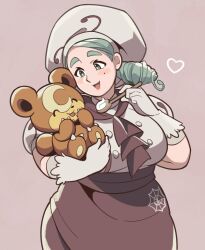 Rule 34 | 1girl, apron, ascot, beret, breasts, brown apron, brown ascot, buttons, chef, claws, closed eyes, creatures (company), food, game freak, gen 2 pokemon, gloves, green eyes, green hair, hat, highres, holding, holding pokemon, holding spoon, katy (pokemon), large breasts, loveycloud, mole, mole on cheek, nintendo, pokemon, pokemon (creature), pokemon sv, puffy sleeves, short sleeves, simple background, skirt, smile, spider web print, spoon, teddiursa, thick eyebrows, tongue, white gloves, white headwear