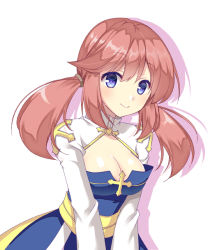Rule 34 | 1girl, arch bishop (ragnarok online), blue dress, blue eyes, blush, breasts, cleavage, cleavage cutout, closed mouth, clothing cutout, commentary request, dress, looking at viewer, masaya ichika, medium breasts, medium hair, pink hair, ragnarok online, sash, shrug (clothing), simple background, smile, solo, twintails, upper body, white background, yellow sash