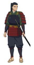 Rule 34 | 1boy, armor, black eyes, black hair, breastplate, dungeon meshi, full body, green kimono, highres, japanese armor, japanese clothes, kimono, long hair, looking to the side, official art, pauldrons, ponytail, samurai, sandals, shoulder armor, shurou, simple background, solo, straight hair, tachi-e, tachi (weapon), transparent background