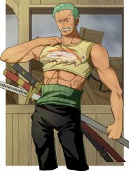 Rule 34 | 1boy, abs, bara, bare arms, black pants, blush, clothes lift, clothes pull, cropped legs, embarrassed, green hair, hd189733b, highres, long sideburns, male focus, muscular, muscular male, one piece, pants, parody request, pectorals, print shirt, roronoa zoro, sheath, sheathed, shirt, shirt lift, shirt pull, short hair, sideburns, solo, stomach, sweatdrop, tank top, yellow tank top