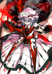 Rule 34 | 1girl, adapted costume, bat wings, brooch, chain, dress, fangs, flower, hat, hat flower, jewelry, koumajou densetsu, minakata sunao, open mouth, outstretched arm, purple hair, red eyes, remilia scarlet, short hair, smile, solo, spear the gungnir, touhou, wings