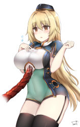 Rule 34 | 10s, 1girl, artist name, blonde hair, blush, breasts, brown eyes, clothing cutout, covered navel, cowboy shot, cum, cum on body, cum on breasts, cum on upper body, flying sweatdrops, garrison cap, garter straps, granblue fantasy, hair between eyes, hand on own chest, hands up, hat, large breasts, linez, long hair, mona (shingeki no bahamut), paizuri, parted lips, shingeki no bahamut, sidelocks, signature, simple background, solo, tentacles, thighhighs, thighs, underboob cutout, white background