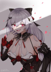 Rule 34 | 1girl, :d, absurdres, bare shoulders, black bow, black dress, black sleeves, bow, breasts, cleavage, commentary, detached sleeves, dress, earrings, english commentary, fangs, hair bow, highres, honkai (series), honkai impact 3rd, jewelry, large breasts, long hair, long sleeves, open mouth, petals, puffy long sleeves, puffy sleeves, red eyes, smile, solo, theresa apocalypse, theresa apocalypse (luna kindred), theresa apocalypse (lunar vow: crimson love), vampire, very long hair, west (user frmf8438), white hair