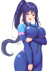 Rule 34 | 1girl, :d, absurdres, arm under breasts, blue bodysuit, blue hair, blush, bodysuit, breast hold, breasts, contrapposto, cowboy shot, diving suit, hair between eyes, high ponytail, highres, large breasts, long hair, looking at viewer, love live!, love live! sunshine!!, matsuura kanan, open mouth, purple eyes, shinonon (iso shino), sidelocks, simple background, skin tight, smile, solo, very long hair, wetsuit, white background