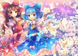 Rule 34 | 2girls, ascot, bell, blue eyes, blue hair, brown eyes, brown hair, cherry blossoms, cirno, coa (chroo x), cosplay, detached sleeves, hair bell, hair ornament, hair tubes, hakurei reimu, hakurei reimu (cosplay), ice, ice wings, long hair, long sleeves, midriff, multiple girls, open mouth, ribbon-trimmed sleeves, ribbon trim, short hair, smile, spell card, touhou, very long hair, wide sleeves, wings