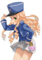 Rule 34 | 1girl, adjusting clothes, adjusting headwear, bad id, bad twitter id, bc freedom (emblem), bc freedom military uniform, blonde hair, blue hat, blue jacket, blue vest, blush, commentary, cowboy shot, dress shirt, drill hair, emblem, folding fan, girls und panzer, green eyes, hand fan, hand on own hip, hat, high collar, holding, jacket, kepi, kumasawa (dkdkr), leaning forward, long hair, long sleeves, looking at viewer, marie (girls und panzer), military, military hat, military uniform, miniskirt, open mouth, pleated skirt, shirt, simple background, skirt, smile, solo, standing, twitter username, uniform, vest, white background, white shirt, white skirt