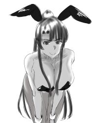 Rule 34 | 1girl, action taimanin, animal ears, ass, bare legs, breasts, detached collar, embarrassed, fake animal ears, greyscale, hands on own knees, high ponytail, highleg, highleg leotard, highres, hime cut, kahullt, large breasts, leotard, long hair, looking at viewer, monochrome, pantyhose, playboy bunny, ponytail, rabbit ears, shiny skin, simple background, solo, taimanin (series), taimanin asagi, taimanin murasaki, very long hair, wavy mouth, white background, wide hips, yatsu murasaki