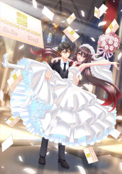 Rule 34 | 1boy, 1girl, absurdres, alternate costume, bare shoulders, black footwear, black hair, blurry, blurry background, blush, bouquet, bouquet toss, breasts, bridal veil, bride, brown hair, carrying, cathedral, choker, church, collarbone, collared shirt, colored tips, commission, couple, diamond-shaped pupils, diamond (shape), dress, earrings, english text, eyeliner, eyeshadow, face-to-face, falling petals, flower, flower-shaped pupils, formal, frilled choker, frills, full body, ganerz, genshin impact, gradient hair, groom, hair between eyes, hair ornament, hand on another&#039;s shoulder, hetero, high heels, highres, hu tao (genshin impact), husband and wife, indoors, jacket, jewelry, long dress, long hair, long sleeves, looking at viewer, makeup, married, mixed-language commentary, multicolored hair, nail polish, necktie, open mouth, outstretched arm, pants, petals, princess carry, red eyes, red eyeshadow, red nails, ribbon, ring, second-party source, shadow, shirt, shoes, sidelocks, silk flower (genshin impact), single earring, small breasts, smile, standing, star-shaped pupils, star (symbol), suit, sunlight, symbol-shaped pupils, tassel, tassel earrings, teeth, twintails, upper teeth only, veil, very long hair, vest, wedding, wedding dress, wedding invitation, wedding ring, white choker, white dress, white footwear, white legwear, yellow eyes, zhongli (genshin impact), zhongtao