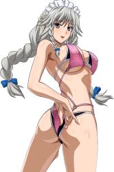 Rule 34 | 10s, 1girl, ass, back, bikini, bow, bra, braid, breasts, cleavage, grayfia lucifuge, grey eyes, grey hair, high school dxd, highres, large breasts, lipstick, long hair, maid headdress, makeup, matching hair/eyes, mature female, panties, red lips, sideboob, smile, solo, standing, swimsuit, twin braids, underboob, underwear