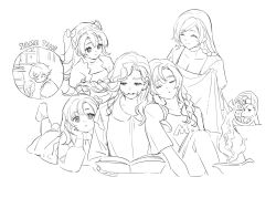 Rule 34 | 2boys, 6+girls, blanket, book, braces, braid, braiding hair, character request, closed mouth, commentary, dress, english commentary, greyscale, hair ornament, hairdressing, headdress, highres, holding, holding blanket, holding book, ichisaku, long hair, matilda bouanich, mirror, monochrome, motion lines, ms. moissan, multiple boys, multiple girls, nick bottom (reverse:1999), one side up, parted lips, quill, reading, reverse:1999, short hair, short sleeves, side braid, smile, socks, sotheby, studying, tooth fairy (reverse:1999), twintails