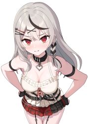 Rule 34 | 1girl, absurdres, belt collar, black collar, black gloves, black hair, blush, braid, breasts, camisole, cleavage, collar, ear piercing, fingerless gloves, gloves, grey hair, hair ornament, hairpin, highres, hirayu721, hololive, large breasts, long hair, looking at viewer, multicolored hair, piercing, pleated skirt, red eyes, red skirt, sakamata chloe, sakamata chloe (1st costume), skirt, solo, streaked hair, virtual youtuber, white camisole, x hair ornament