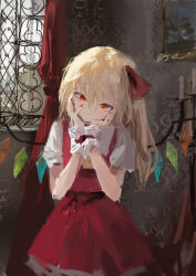 Rule 34 | 1girl, ascot, blonde hair, candle, closed mouth, crystal, curtains, flandre scarlet, hair ribbon, hands on own cheeks, hands on own face, highres, indoors, looking at viewer, medium hair, one side up, painting (object), red eyes, red nails, red ribbon, red skirt, red vest, reddizen, ribbon, shirt, skirt, solo, touhou, vest, white shirt, window, wrist cuffs, yellow ascot