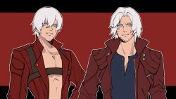 Rule 34 | belt bra, bishounen, blue eyes, closed mouth, coat, dante (devil may cry), devil may cry, devil may cry (series), devil may cry 3, devil may cry 5, gloves, hair between eyes, highres, looking at viewer, lucistomato, male focus, red coat, simple background, smile, white hair