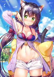 Rule 34 | 1girl, :&lt;, animal ear fluff, animal ears, arm up, armpits, bikini, blush, bow, breasts, cat ears, cat girl, cat tail, cleavage, closed mouth, collarbone, cowboy shot, day, eyewear on head, fujima takuya, green eyes, hair bow, innertube, jacket, karyl (princess connect!), karyl (summer) (princess connect!), light rays, long hair, long sleeves, looking at viewer, low twintails, medium breasts, multicolored bikini, multicolored clothes, navel, open clothes, open fly, open jacket, open shorts, outdoors, princess connect!, purple bow, purple hair, purple jacket, shorts, skindentation, solo, stomach, sunbeam, sunglasses, sunglasses on head, sunlight, swim ring, swimsuit, tail, tears, thigh strap, twintails, very long hair, water, water drop, wet, wet hair, white-framed eyewear, white shorts
