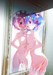 Rule 34 | 2girls, ass, blue eyes, blue hair, blush, breast press, breasts, collarbone, different reflection, doku momo, flower, hair flower, hair ornament, highres, large breasts, looking at viewer, maid, maid headdress, mirror, multiple girls, navel, nude, open mouth, parted lips, peeing, peeing together, pink eyes, pink hair, pussy, ram (re:zero), re:zero kara hajimeru isekai seikatsu, reflection, rem (re:zero), short hair, siblings, sisters, smile, standing, sweat, teeth, thighhighs, twins, uncensored, wall, white legwear, x hair ornament