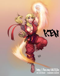 Rule 34 | 1990s (style), 1girl, barefoot, blonde hair, breasts, brown eyes, capcom, character name, cleavage, clenched hands, dougi, elee0228, eyebrows, fingerless gloves, fire, fire, genderswap, genderswap (mtf), gloves, hair ribbon, ken masters, long hair, lost-tyrant, low-tied long hair, medium breasts, muscular, muscular female, no bra, open mouth, ponytail, retro artstyle, ribbon, shouryuuken, sleeveless, solo, street fighter, street fighter zero (series), thick eyebrows, uppercut, watermark, web address