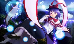 Rule 34 | akimikan (2.5deciliter), black footwear, black hat, blue hair, bow, bowtie, capelet, cloud, electricity, floating, frilled capelet, frilled sleeves, frills, grin, hat, hat bow, hat ribbon, head rest, highres, long skirt, long sleeves, looking at viewer, mary janes, medium hair, nagae iku, red bow, red bowtie, red eyes, red ribbon, ribbon, shawl, shoes, skirt, smile, socks, solo, touhou, white socks