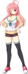 Rule 34 | 1girl, black thighhighs, blush, breasts, cleavage, full body, hands on own hips, looking at viewer, murasame makoto, one eye closed, pendulum (game), pink hair, purple eyes, shoes, shorts, simple background, sneakers, solo, standing, tamiya akito, thighhighs, white background, zettai ryouiki