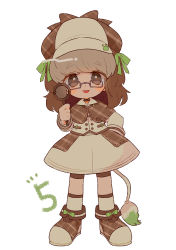 Rule 34 | 1girl, absurdres, blush, brown eyes, brown hair, choker, closed mouth, creatures (company), full body, game freak, gen 2 pokemon, green ribbon, grey hair, hat, highres, holding, holding magnifying glass, long sleeves, looking at viewer, magnifying glass, medium hair, multicolored hair, narumame, nintendo, personification, pokemon, ribbon, smeargle, smile, socks, solo, tail, tongue, tongue out, white socks