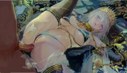 Rule 34 | 1boy, 1girl, absurdres, anal, anus, ass, bad id, bad pixiv id, bare shoulders, bikini, black bikini, black gloves, black thighhighs, blue eyes, breasts, chain, cleavage, crown, cuffs, curvy, dalin zhu, dark skin, earrings, elbow gloves, fate/grand order, fate (series), gloves, grey hair, has bad revision, has censored revision, hetero, highleg, highleg bikini, highres, jewelry, large breasts, long hair, lying, missionary, navel, neck ring, on back, open mouth, penis, pussy, sex, shackles, shiny skin, spread legs, swimsuit, thighhighs, thighs, thong, thong bikini, uncensored, very long hair, wide hips, zenobia (fate)