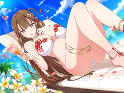 Rule 34 | 1girl, 2024, ankle strap, barefoot, beach, beach chair, bikini, blue eyes, breasts, brown hair, cleavage, cloud, cloudy sky, day, dragon, dragon ornament, falling petals, flower, flower-shaped pupils, food, grass, hair ornament, hair rings, hand on own chest, happy new year, highres, holding, holding food, holding ice cream, ice cream, ice cream cone, large breasts, long hair, multicolored hair, new year, ocean, official art, palm tree, petals, red hair, sand, seductive smile, senran kagura, senran kagura new link, sitting, skindentation, sky, smile, sunlight, swimsuit, symbol-shaped pupils, thigh strap, toki (senran kagura), tongue, tongue out, tree, waves, white bikini, wristband