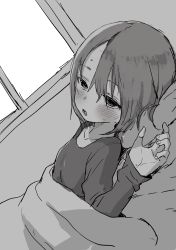 Rule 34 | 1girl, absurdres, bed sheet, blush, commentary request, dutch angle, fever, greyscale, hair between eyes, highres, indoors, long sleeves, lying, monochrome, nose blush, on back, open mouth, original, pillow, shirt, sleeves past wrists, solo, sweat, under covers, window, yamamoto souichirou